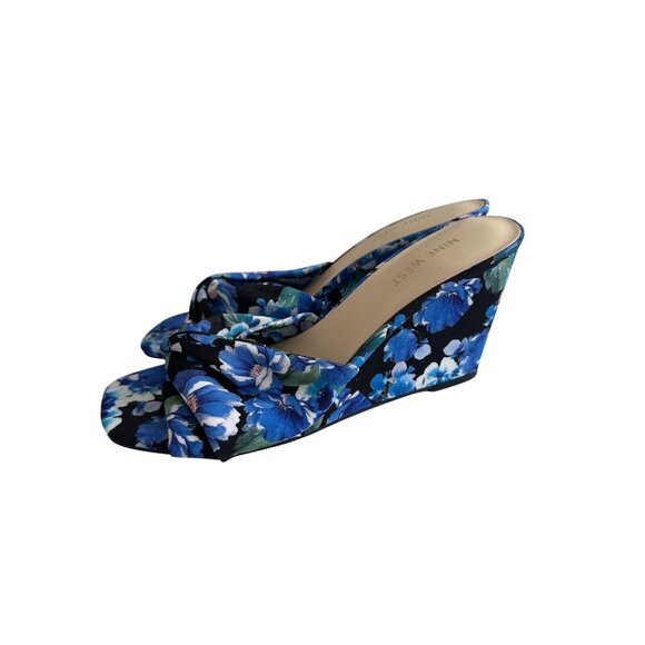 NINE WEST Blue Black Floral Wedges Sandals Size 9 NEW NWOB - Picture 3 of 9